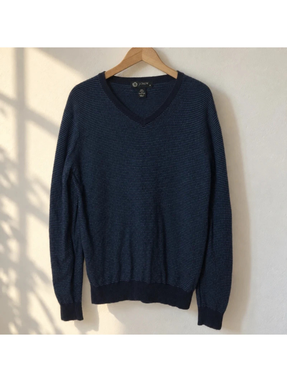 J.Crew Men's M Navy Blue Striped V-Neck Cotton Cashmere Sweater